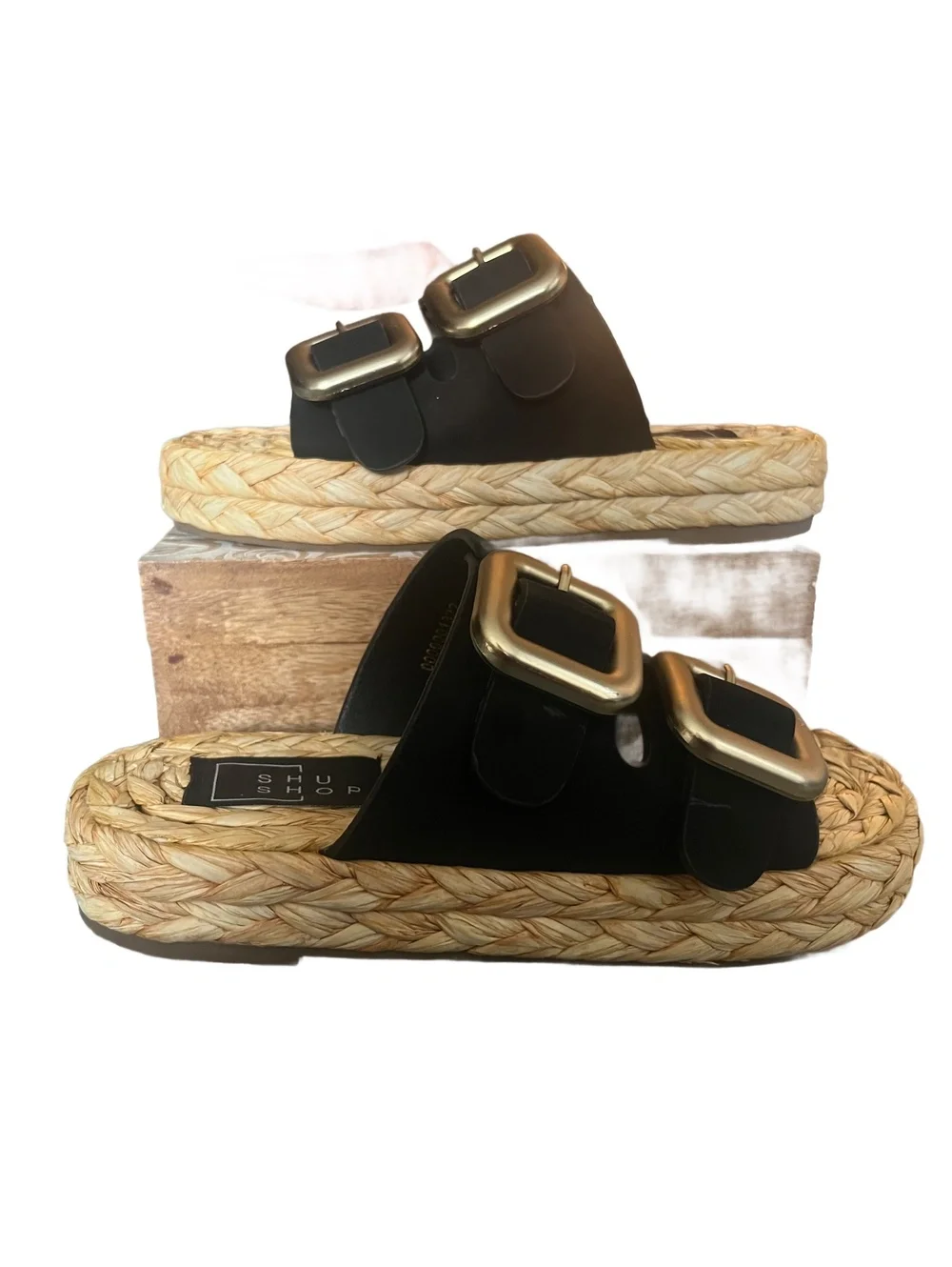 ShuShop Womens Billie Jute Black Slide Sandals New Size 6.5